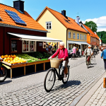 **Image Prompt:** A vibrant street scene in a Swedish town. People are of diverse ages and backgrounds, some are cycling, some are using public transport. Solar panels are visible on rooftops. A local farmer's market is bustling with activity, showcasing locally sourced, organic produce. The overall atmosphere is positive and community-focused, highlighting sustainable living. Style: realistic, bright colors, emphasizing community.