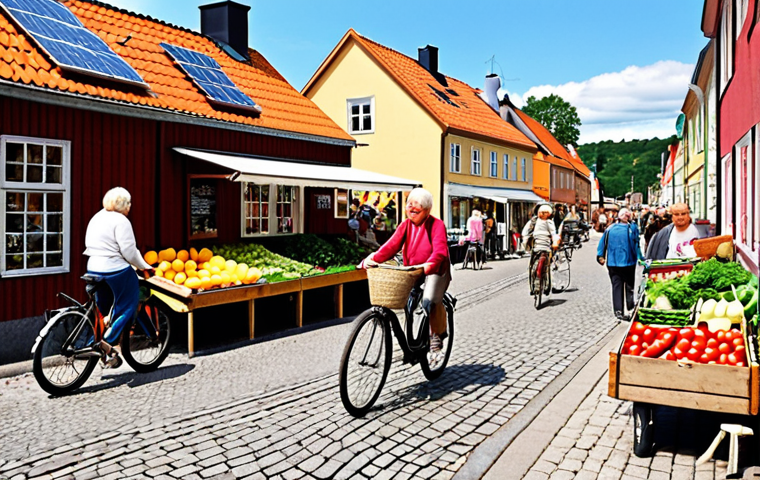 **Image Prompt:** A vibrant street scene in a Swedish town. People are of diverse ages and backgrounds, some are cycling, some are using public transport. Solar panels are visible on rooftops. A local farmer's market is bustling with activity, showcasing locally sourced, organic produce. The overall atmosphere is positive and community-focused, highlighting sustainable living. Style: realistic, bright colors, emphasizing community.